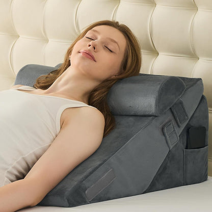 Sasttie Wedge Pillow Set for After Surgery, 2PCS Adjustable Bed Wedge Pillow Headboard with Memory Foam Neck Cushion – for Acid Reflux, Sleeping, Neck & Back Support, Dark Grey & White