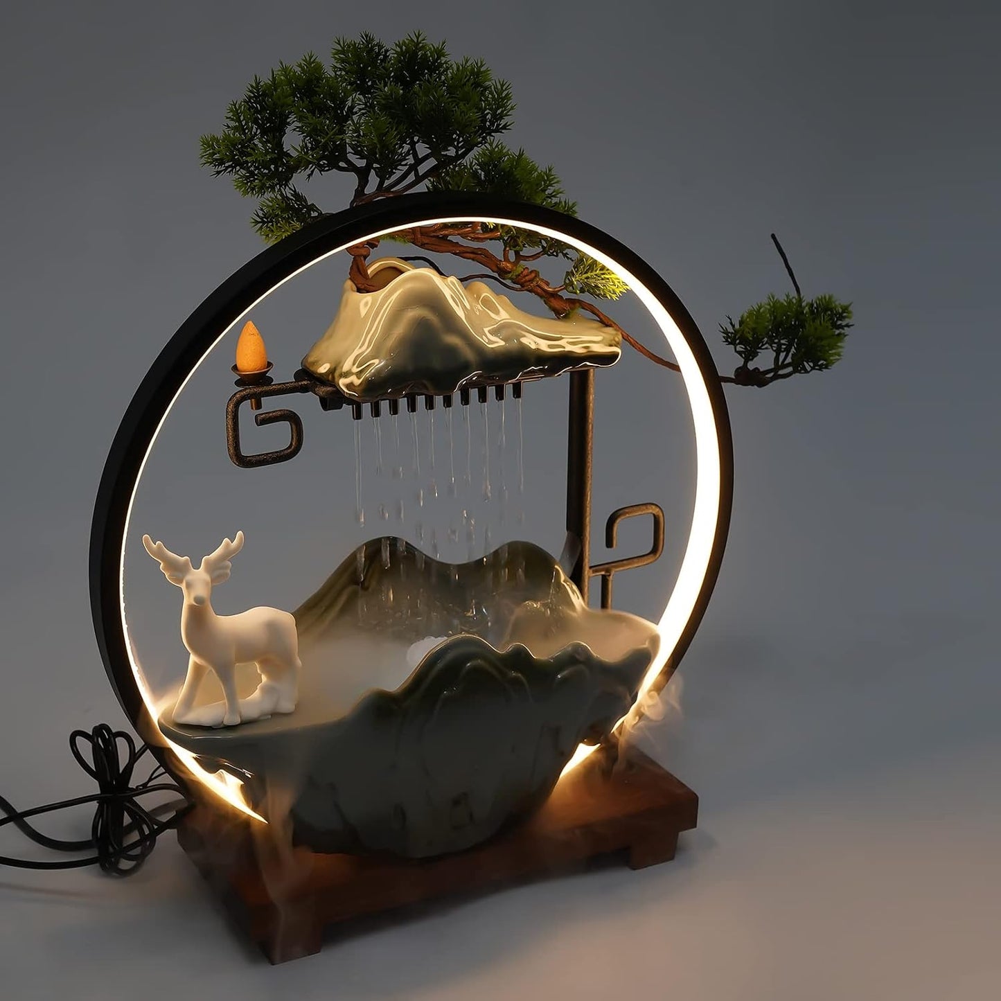 Mini Artificial Bonsai Tree Waterfall Fog Feature Rock Tabletop Fountain | 11in Desktop Decor Waterfall Fountain W/ Water Pump& Atomizer&LED Lights &Fake Tree Office Bedroom Relax