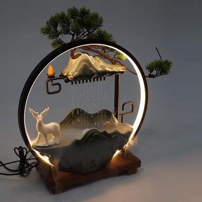 Mini Artificial Bonsai Tree Waterfall Fog Feature Rock Tabletop Fountain | 11in Desktop Decor Waterfall Fountain W/ Water Pump& Atomizer&LED Lights &Fake Tree Office Bedroom Relax