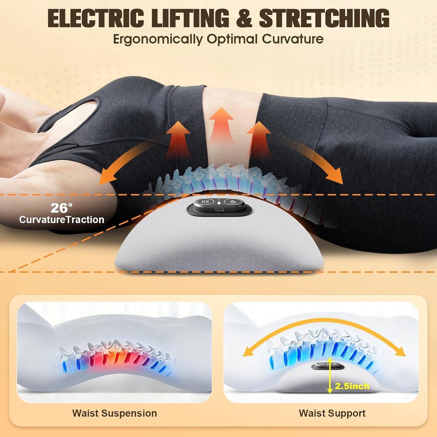 3-in-1 Electric Lumbar Support Pillow,Triple Fusion Back Massager with Heat,Vibration&Traction,Back Support Pillow for Bed and Chair,Lumbar Support Pillow for Lower Back Pain Relief&Spine Support-Gray