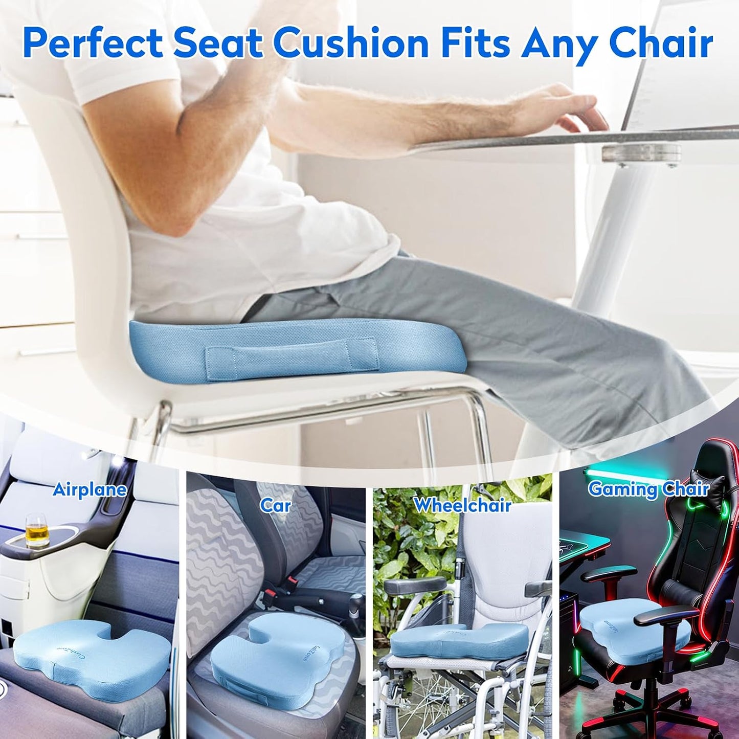 CushZone Seat Cushion - Memory Foam Office Chair Cushion for Sciatica, Tailbone & Back Pain Relief - Orthopedic Coccyx Pillow for Car, Airplane, Pregnancy & Long Sitting at Work, Black