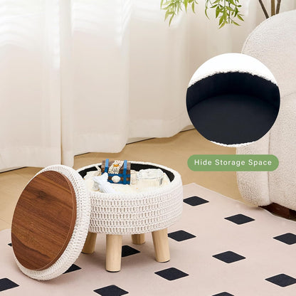 Wimarsbon Pouf Ottoman, 100% Cotton Knitted Boho Footstool, Round Footrest with Non-Skid Wood Legs, Home Décor Handmade Pouffe, Leisure Floor Step Stool for Living Room (Beige)