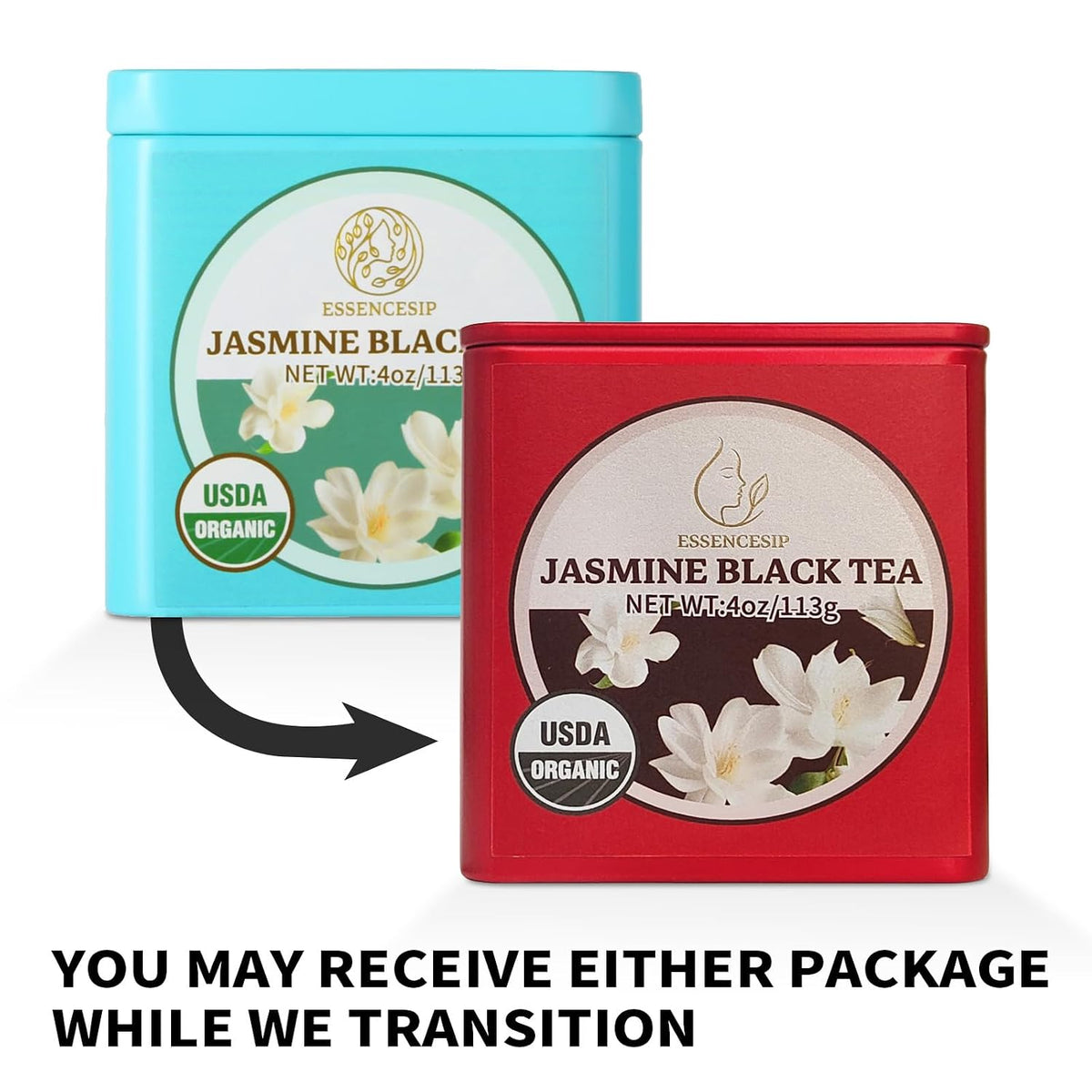 Essencesip Jasmine Black Tea - Floral Twist on Classic English Breakfast Style, 4oz Organic Loose Leaf tea in Reusable Tin
