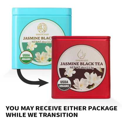 Essencesip Jasmine Black Tea - Floral Twist on Classic English Breakfast Style, 4oz Organic Loose Leaf tea in Reusable Tin