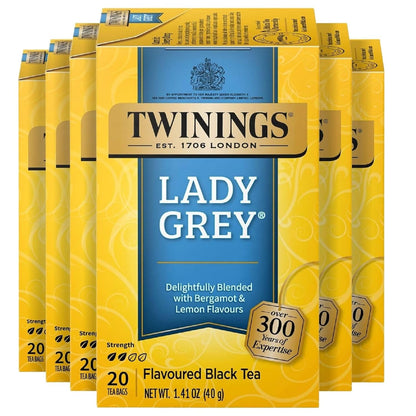 Twinings Lady Grey Black Tea Individually Wrapped Bags, 20 Count (Pack of 6), Orange & Lemon Peel with a Hint of Bergamot, Caffeinated, Enjoy Hot or Iced, 120 Teabags