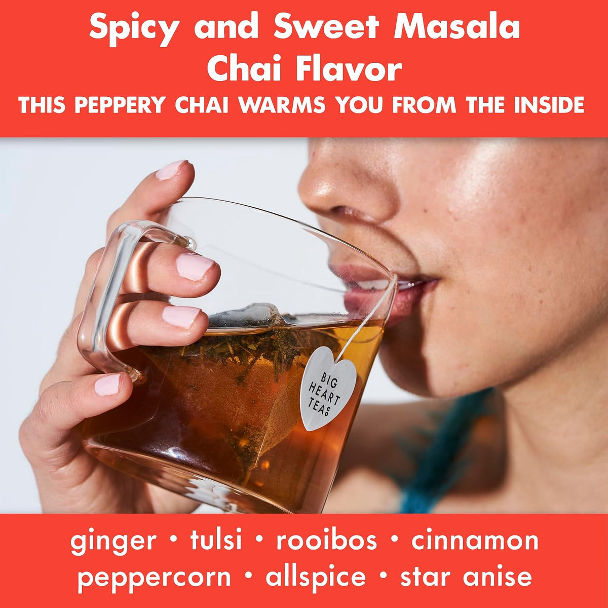 Big Heart Tea Co. Tea Bags - Fiery Masala Chai - Certified Organic, Ayurvedic Herbal Decaf Tea with Small Batch Ground Sweet Herbs and Spices including Adaptogenic Tulsi, Rooibos, Ginger, 10 Tea Bags