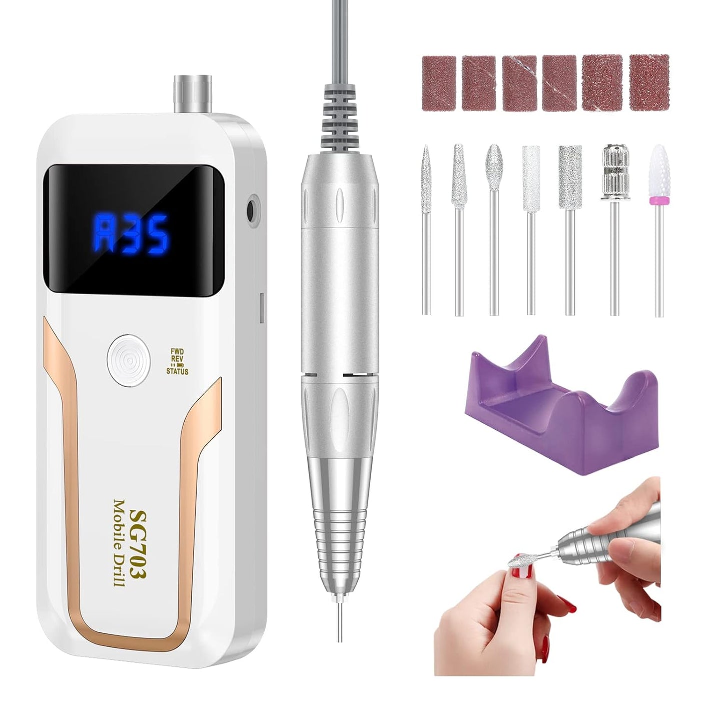 MOCOWIND Portable Nail Drill Professional 35000 RPM, Rechargeable Electric Nail File Machine Cordless E-File for Acrylic Gel Polishing Removing with Bits Kit for Manicure Salon Home, Pink