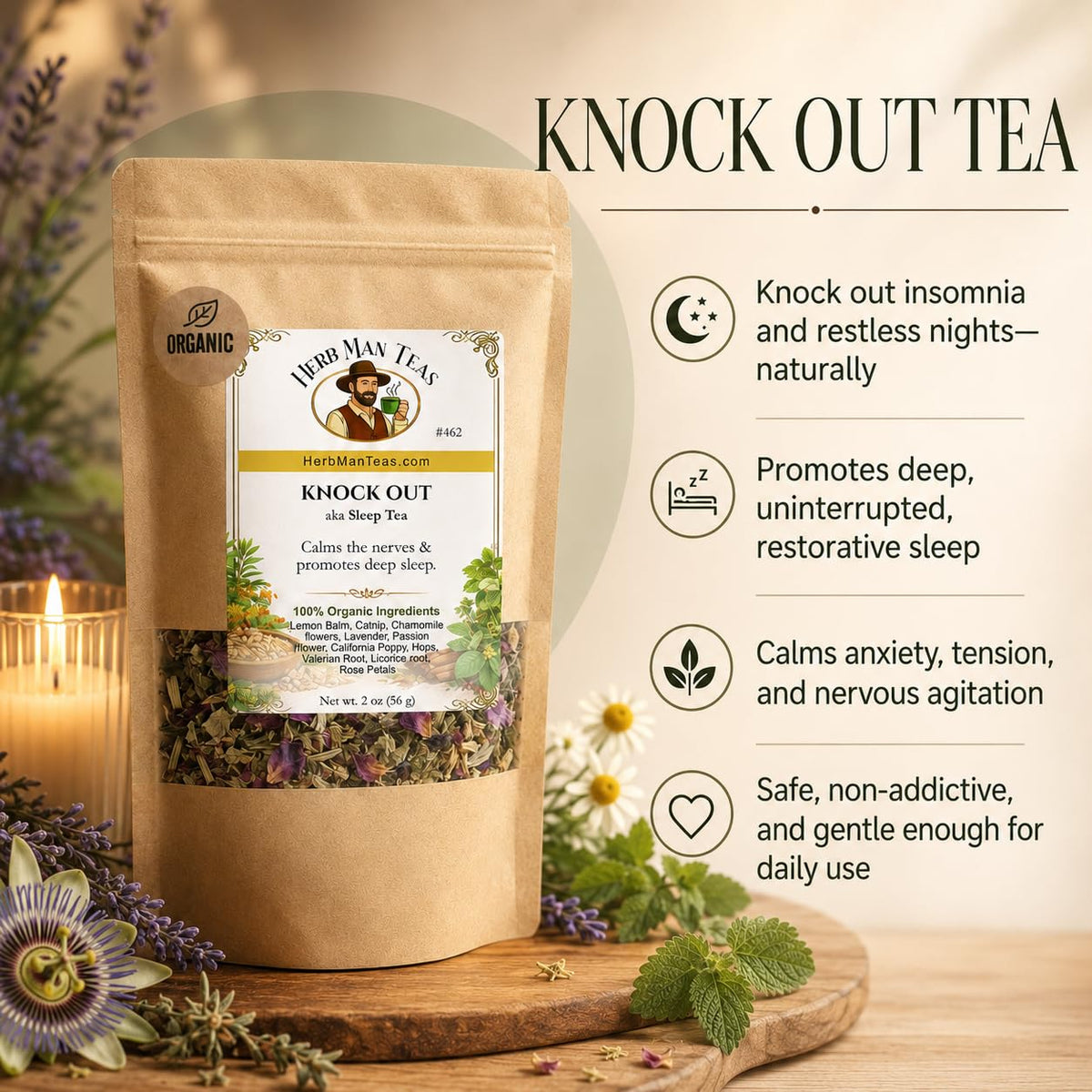 SLEEPING TEA – Knock-Out Blend with Valerian Root plus California Poppy and Hops for Deep Relaxation – Premium Organic Tea by Master Herbalist Khabir – Non-GMO, No Additives