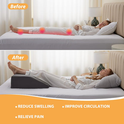 Bedluxe Leg Pillow Elevation Blood Circulation, Wedge Pillow for Legs Swelling, Leg Elevating Wedge Pillow for After Surgery, Foot Knee Pillow for Leg Rest, Sleeping, Memory Foam Top, 8in, White/Grey