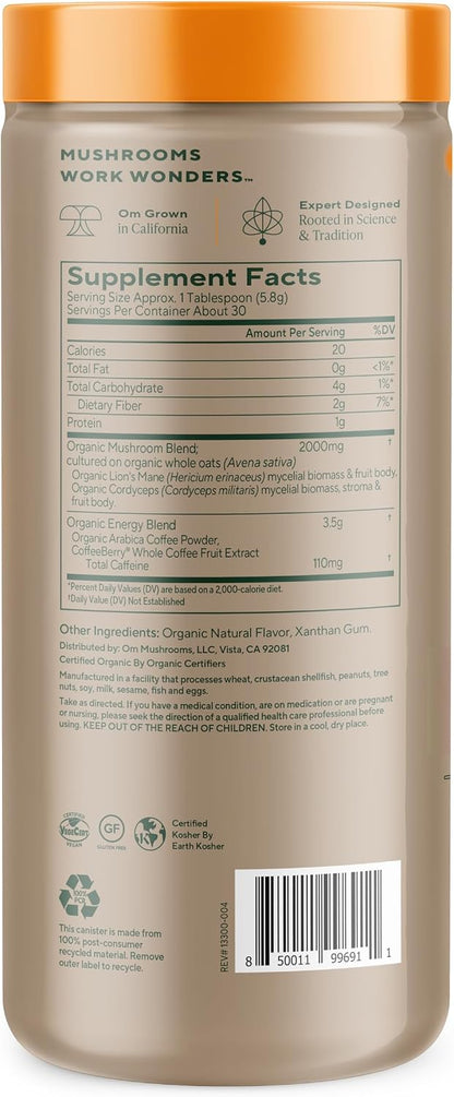 OM MUSHROOM SUPERFOOD Matcha Latte Blend – Green Tea Mushroom Powder with Lion’s Mane, Reishi, Chaga & Turkey Tail – Focus, Calm & Stress Support – 8.47 oz Canister (30 Servings)