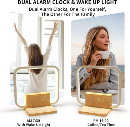 Sunrise Alarm Clock with Wireless Charging Desk Touch Lamp 3 Level Dimmable Wake-up Light Bedside Lamps for Bedroom Living Room,Sunrise Lamp with 10 Natural White Noise Sound 30/60/90 Mins countdown