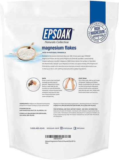 Epsoak Magnesium Flakes 4 lb. Magnesium Sulfate USP. Resealable Epsom Salt Bag Unscented, Made in The USA, Cruelty-Free Certified