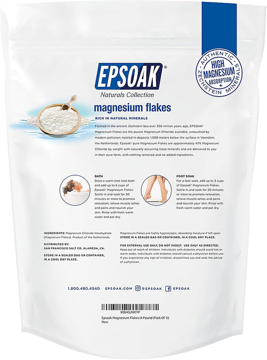 Epsoak Magnesium Flakes 4 lb. Magnesium Sulfate USP. Resealable Epsom Salt Bag Unscented, Made in The USA, Cruelty-Free Certified
