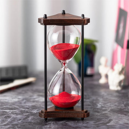 Hourglass Timer 60 Minute, Triangle Wooden Frame Decorative Sand Timer (Black Sand, Large Size)