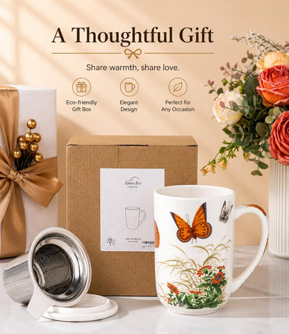 AmorArc Porcelain Tea Mug with Infuser and Lids, 18 Oz Large Cup Strainer with Bag Holder for Loose Leaf Tea, Steeping Coffee Mug for House-warming Wedding Birthday Gift