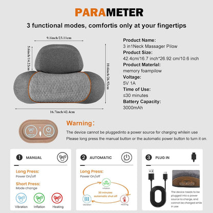 3-in-1 Rechargeable Neck Massager Pillow with Heating Traction | Deep Tissue Pain Relief, Shoulder & Neck Hump Corrector for Men Women, Gifts for Family and Friends