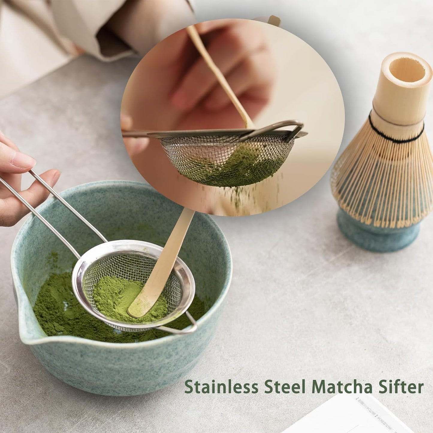 Matcha Set, Japanese Tea Set Includes Matcha Bowl with Spout, Matcha Whisk Holder, Bamboo Matcha Whisk and Bamboo Scoop, 17 oz Mottled Green Glaze Ceramic Matcha Kit for Tea Lovers