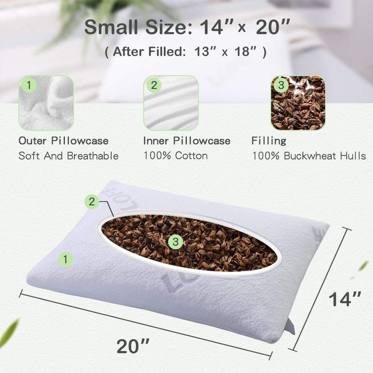 Organic Buckwheat Pillow for Sleeping with Organic Cotton Pillowcase