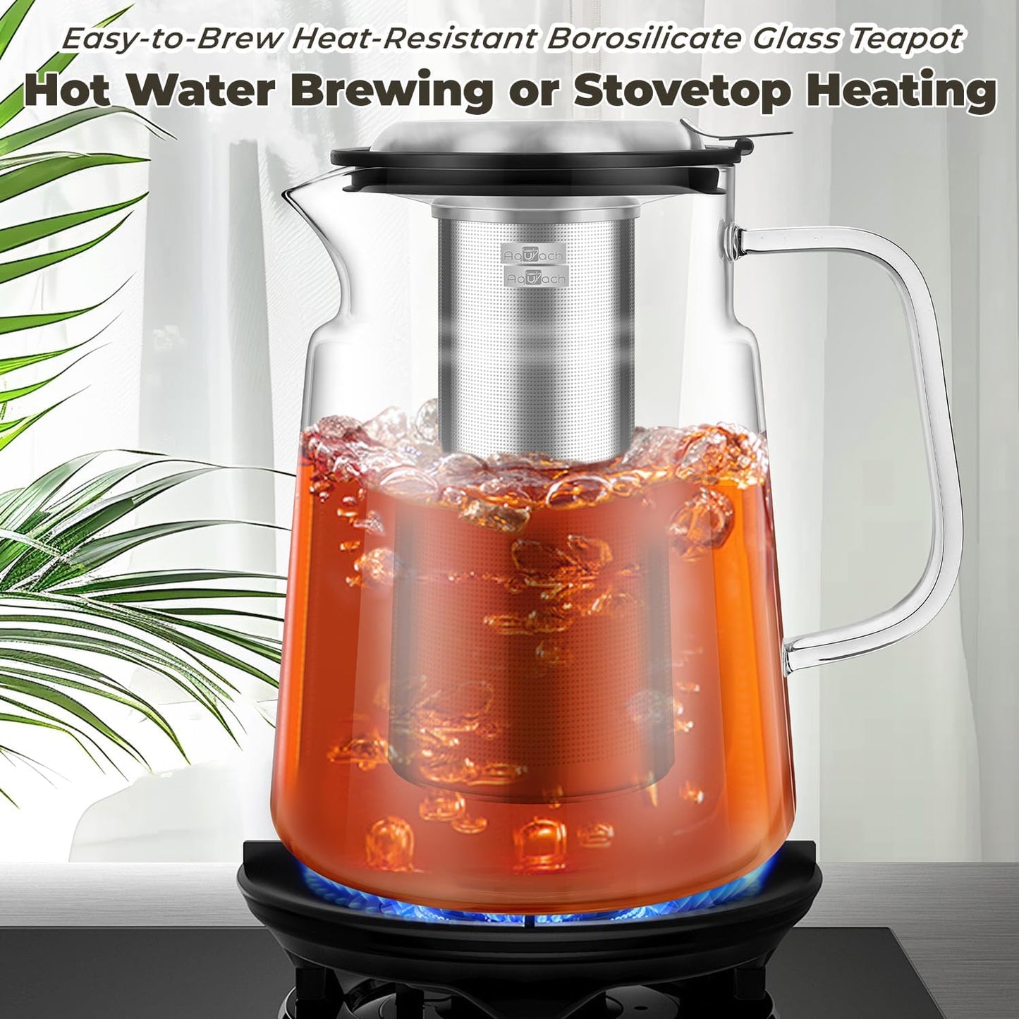 Aquach 51oz Glass Teapot with Infuser, Stovetop Safe Borosilicate Tea Pot | Dishwasher Safe, Plastic-free, Precise Loose Leaf Filter, Easy-clean Opening, Sharing Capacity