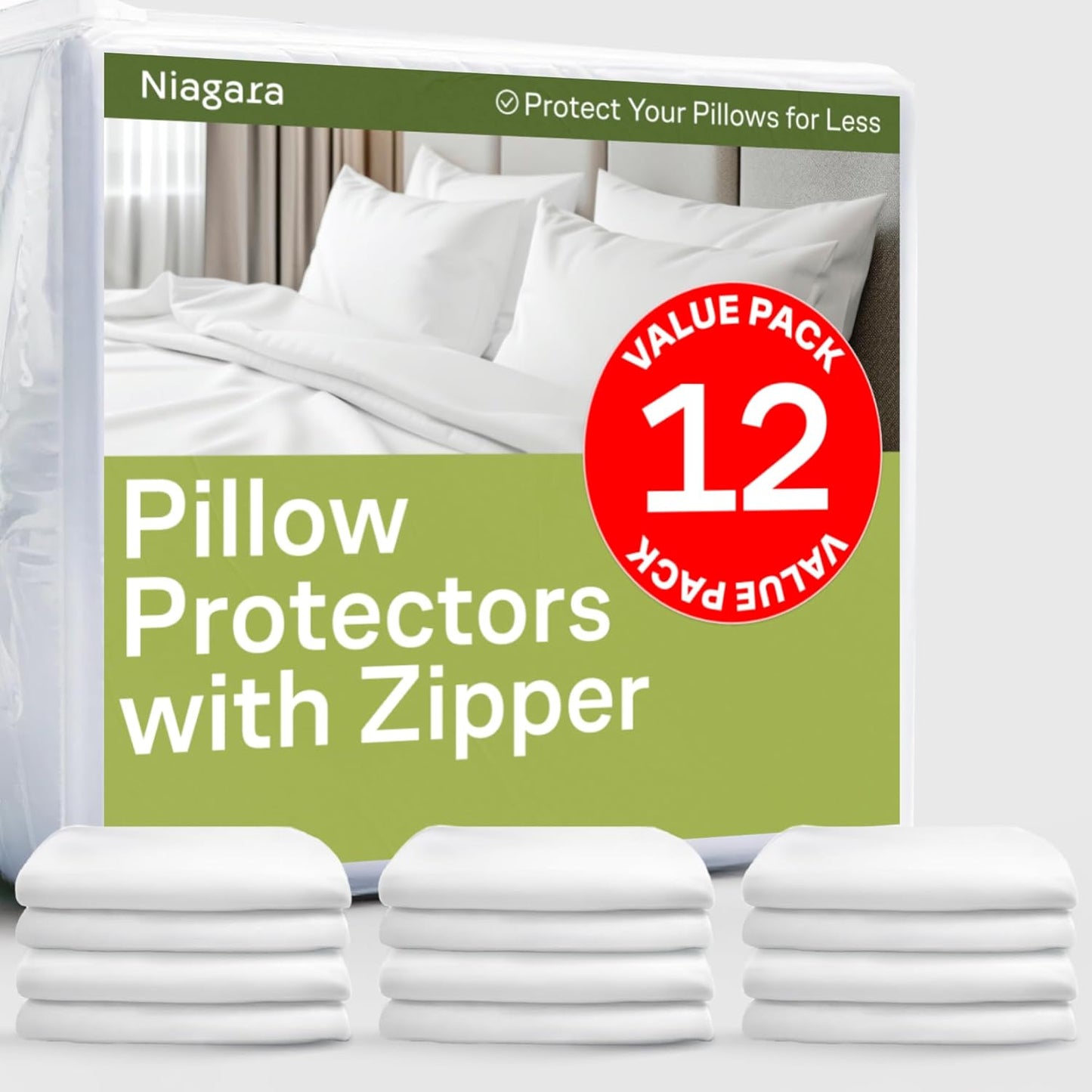 Ultra Soft Pillow Protectors with Zipper Standard Size - Set of 8 Breathable Pillow Covers - 100% Protection Against Stains, Dust & Dirt - Machine Washable (White)