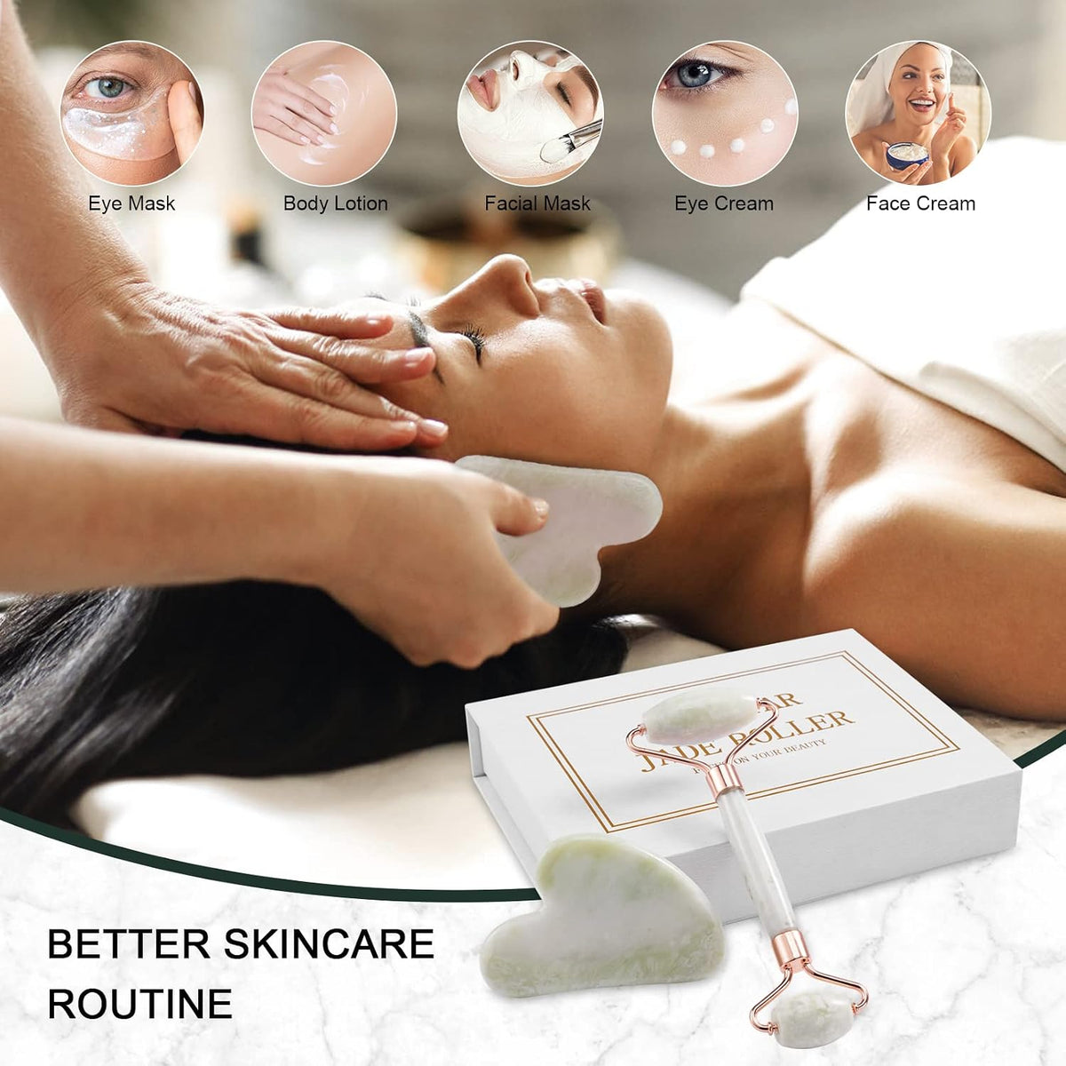 Jade Roller for Face, Facial Roller Massager Skin Care Tool, Gua Sha Facial Tools for Face, Neck, Eyes, Reduce Puffiness of The Skin - White