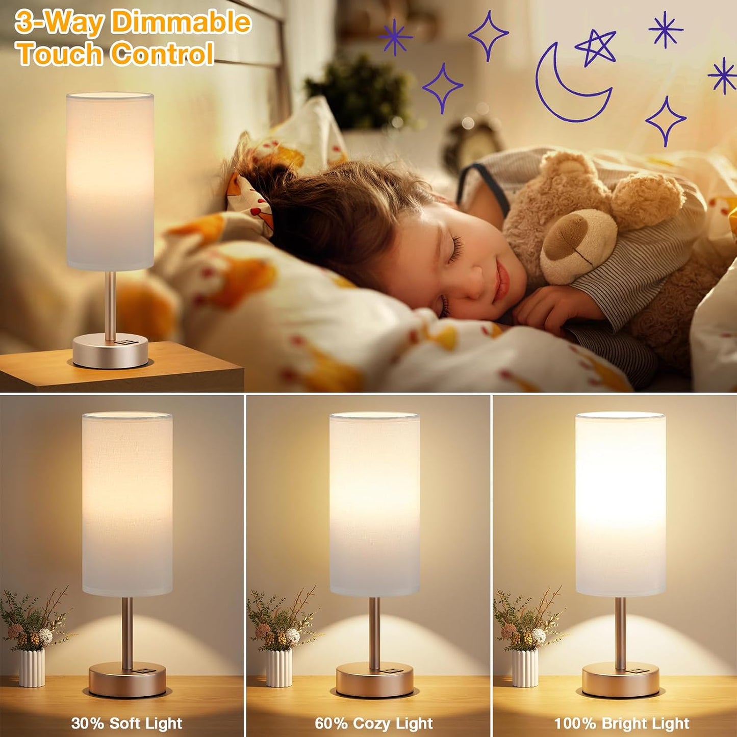 Dicoool Touch Bedside Table Lamp with USB - 3 Way Dimmable Wood Lamp for Bedroom Nightstand, Desk Lamp with Charging Station for Dorm, Living Room, Office, Kids Room, Small, 14in
