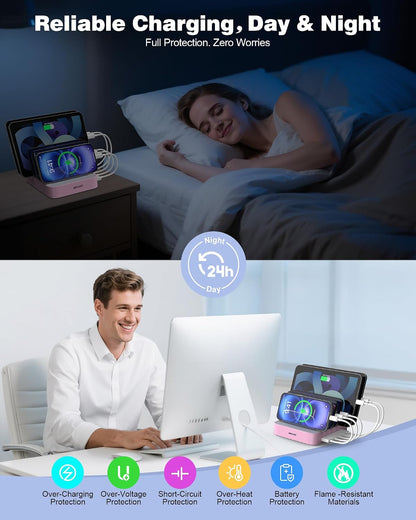 MSTJRY Charging Station for Multiple Devices : 5 Port Multi USB-A Charger Stations Multi-Device Organizer Charging Dock Designed for iPhone iPad Cell Phone Tablets (7 Short Cables Included)