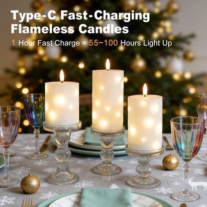 LEDHOLYT Rechargeable Flameless Glass Pillar Candles–Gifts for Women,–Set of 3, Realistic Flickering LED Flame,Remote & Timer, Ideal for Living Room, Bedroom & Halloween Festival Home Party Decor