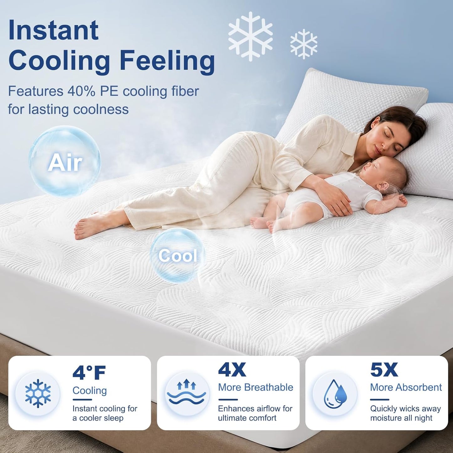 Cooling Waterproof Mattress Protector Queen Size, 400GSM 3D Air Fabric Breathable Mattress Cover, Premium Bed Protector with Deep Pockets, Luxury Noiseless Machine Washable Bed Cover, White