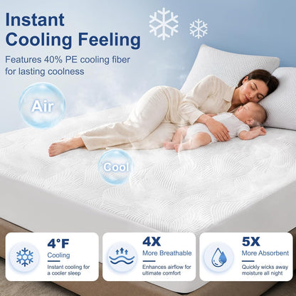 Cooling Waterproof Mattress Protector Queen Size, 400GSM 3D Air Fabric Breathable Mattress Cover, Premium Bed Protector with Deep Pockets, Luxury Noiseless Machine Washable Bed Cover, White