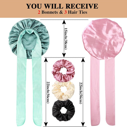 2+3 Large Satin Bonnets with Scrunchies for Women, Hair Bonnet Sleeping Tie Bonnet for Braids Curly Hair
