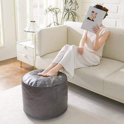 HIGOGOGO Round Stuffed Pouf Ottoman, Pu Leather Poufs with Foam Chunk Filling, Furry and Fluffy Pouf Foot Stool Storage Ottoman, 20 X 15 Floor Poufs Foot Rest for Living Room,Dark Brown