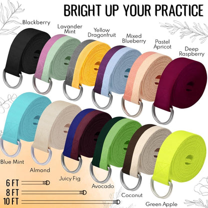 TECEUM 2 IN 1 Yoga & Mat Strap for Stretching – Cotton – 6/8/10 ft | Adjustable Non-Slip Belt in 30+ Colors for Yoga, Pilates, Physical Therapy, Fitness, Home Workouts and Carrying Mats