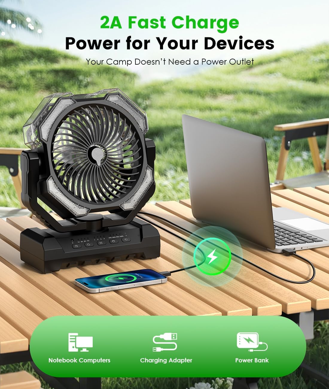 Camping Misting Fan, 24000mAh Portable Battery Powered Fan with Mist, Light