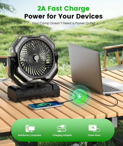 Camping Misting Fan, 24000mAh Portable Battery Powered Fan with Mist, Light