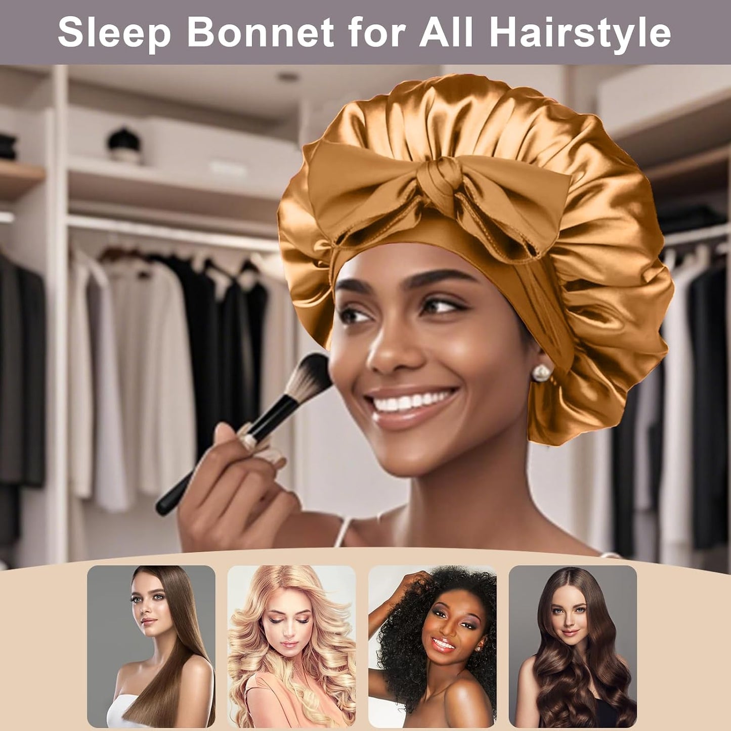 2Pcs Silk Hair Satin Bonnet for Sleeping Women,Large Satin Sleep Bonnets for Women with Elastic Tie Band Silk Hair Wrap with Ajustable Straps,Night Sleep Cap for Curly Braids,Black+Rose Gold