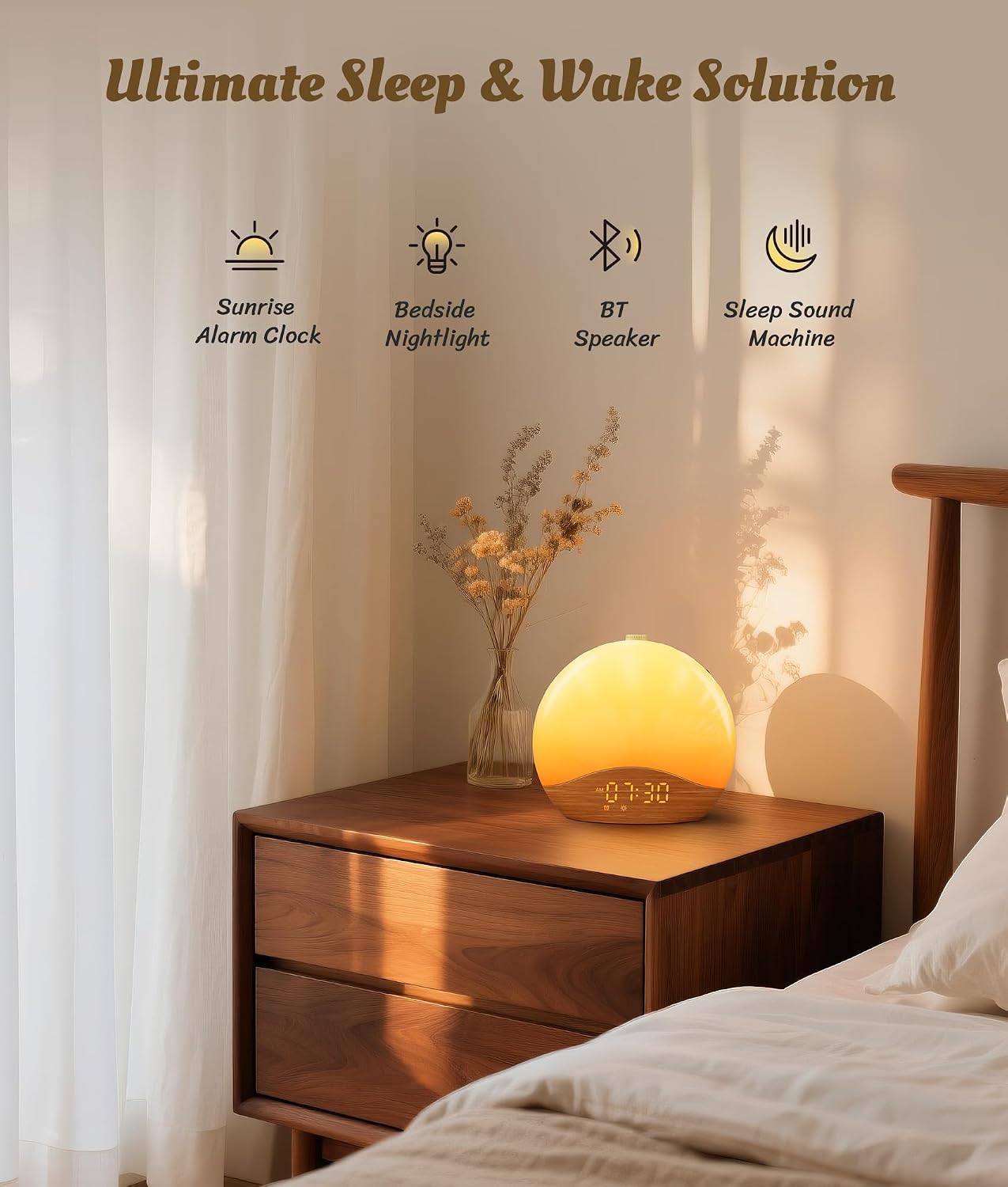 ecozy Sunrise Alarm Clock, White Noise Sound Machine, Alarm Clock for Bedrooms, 26 Soothing Sounds, 17 Night Lights, Bluetooth Speaker, Sunrise Wake-Up Light for Heavy Sleepers, Adults, Kids