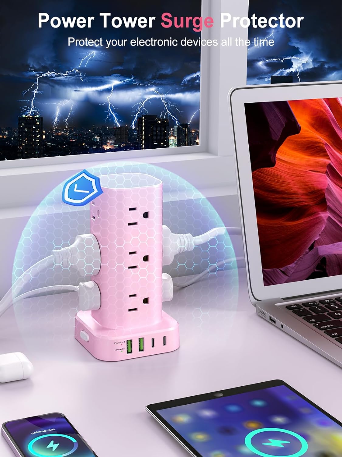 6FT Power Strip Tower Surge Protector, 12 Wide Spaced Outlets, 4 USB
