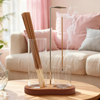 Incense Holder, 2 in 1 Incense Sticks Burner with Glass Ash Catcher & Stick Storage, Meditation Yoga Spa Gifts for Women, House Warming Gifts New Home Wooden Aesthetic Room Decor, Rustic Brown