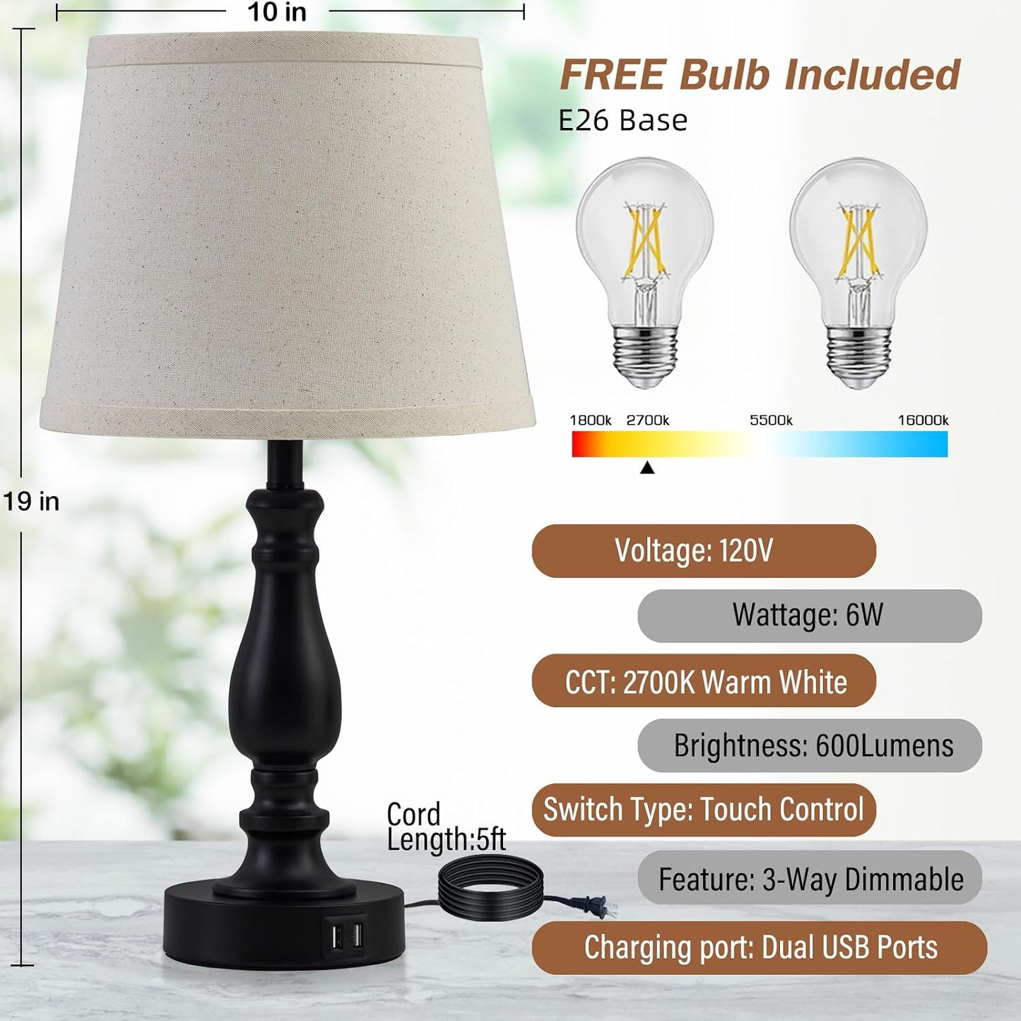 EJIAXIN Lamps for Bedrooms Set of 2, Brushed Nickel Bedside Lamps with USB C+A Ports,Dimmable Nightstand Lamps with Fabric Lampshade, Touch Table Lamp for Living Room Bedroom Office, Bulbs Included
