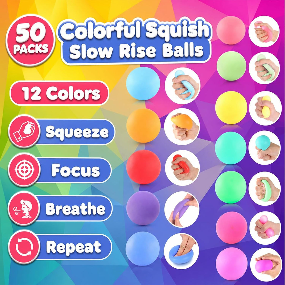 24 Pack Slow Rise Stress Balls, 2.5" Full Size Squishy Balls, Soft Stretchy Sensory Fidget Toys for Adults Kids, Classroom Rewards, Prize Box Toys, Office Stress Toys & Gifts