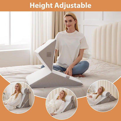 BIEEZZK Wedge Pillow Set for After Surgery, Wedge Pillow for Acid Reflux, Bed Wedge Pillow with Adjustable 9&12inch for Headboard,Sleeping, Orthopedic Memory Foam for Neck&Back Support, White/Grey