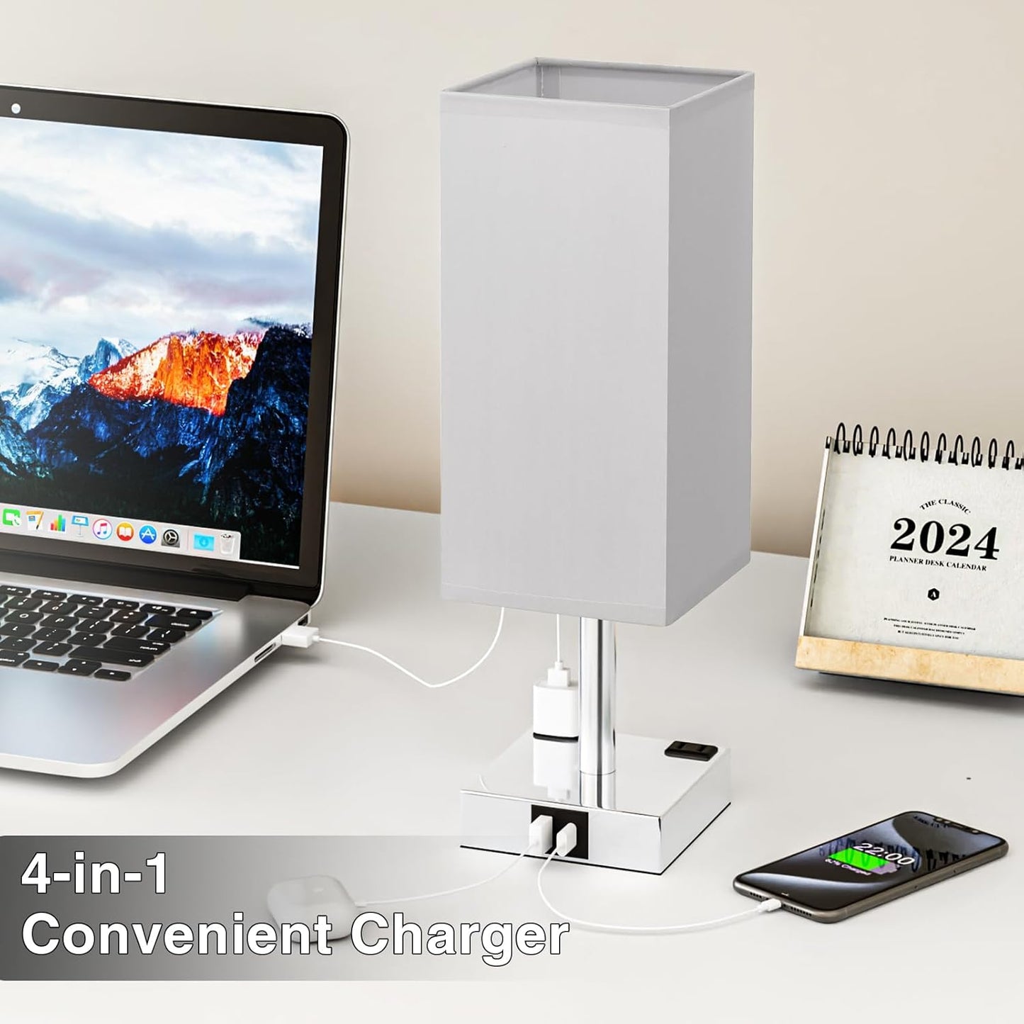 【Upgraded】Bedside Table Lamp Touch Control, with USB C+A Charging Ports & Dual AC Outlets, 3-Way Nightstand Lamp for Bedroom with LampShade Living Room Office(LED Dimmable Bulb Included)