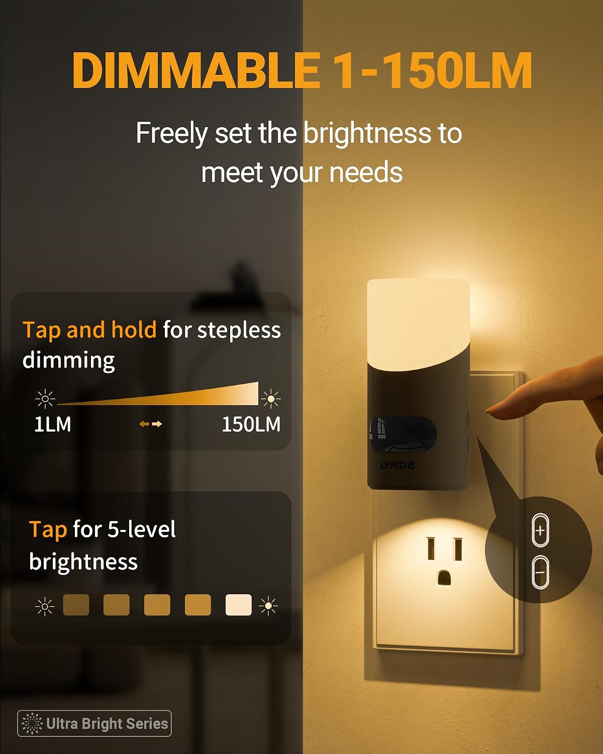 Lyridz Amber Night Light with Motion Sensor, 1-150LM Dimmable Plug-in Nightlight Indoor for Bedroom, Bathroom, Hallway, Stairs, Pet House, Toilet, 2 Pack