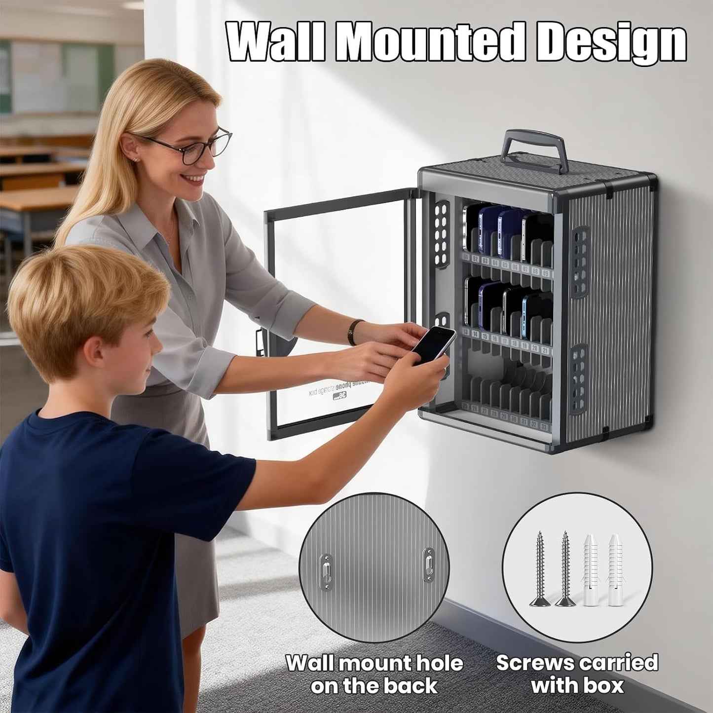 36 Slots Cell Phone Locker for Classroom with Key, Portable Mobile Phone Storage Box with Handle & Charging Hole, Phone Lock Box Wall Mounted for School (Black, 36 Slots)