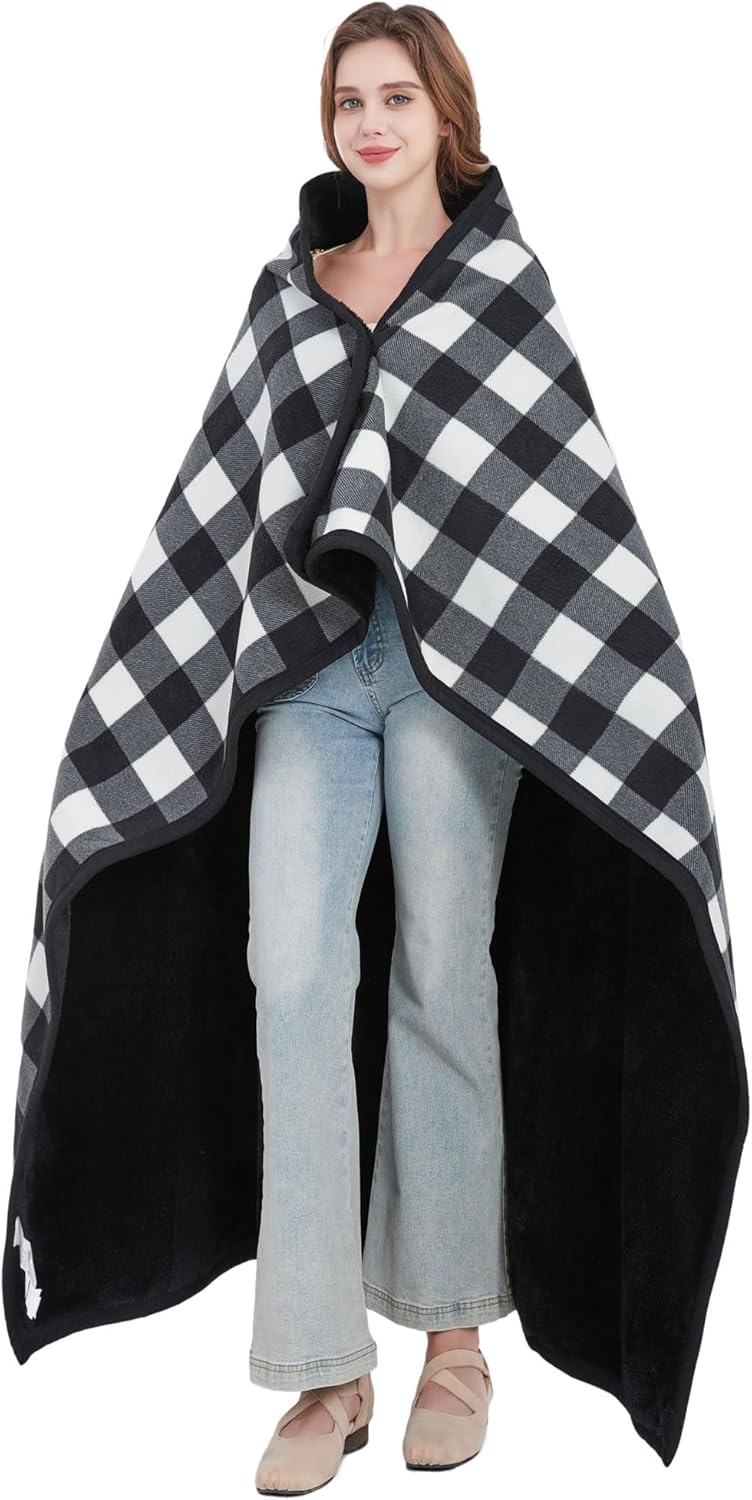 forestfish Fleece Wearable Blanket, Plaid Lap Blanket Comfy Poncho Throw with Buttons for Bed Sofa Office, Grey-White