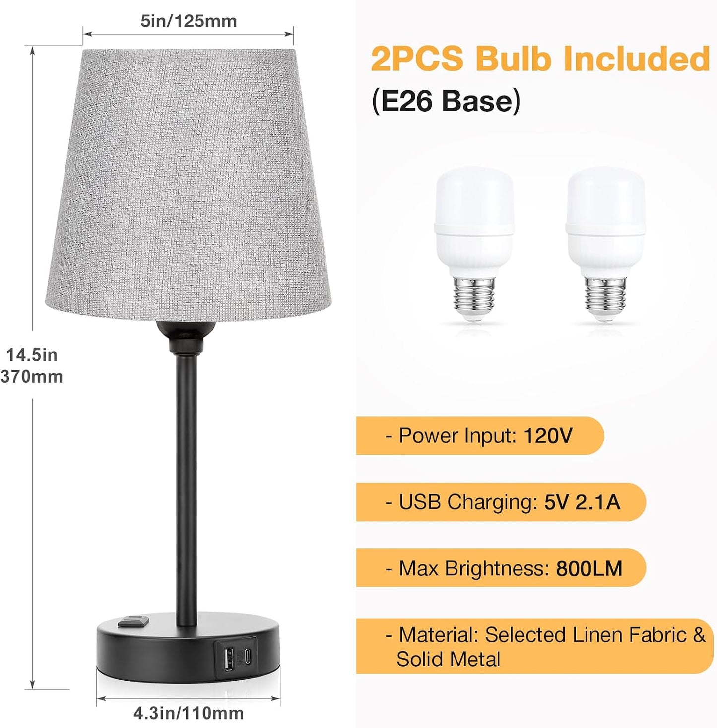 Mini Bedside Lamps for Bedrooms Set of 2 - Nightstand Bedroom Lamps with USB C Port and AC Outlet Charging, Dimmable Touch Small Bed Side Table Lamp, Black Night Stand Light for Kids/Guest Room