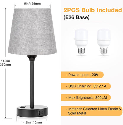 Mini Bedside Lamps for Bedrooms Set of 2 - Nightstand Bedroom Lamps with USB C Port and AC Outlet Charging, Dimmable Touch Small Bed Side Table Lamp, Black Night Stand Light for Kids/Guest Room