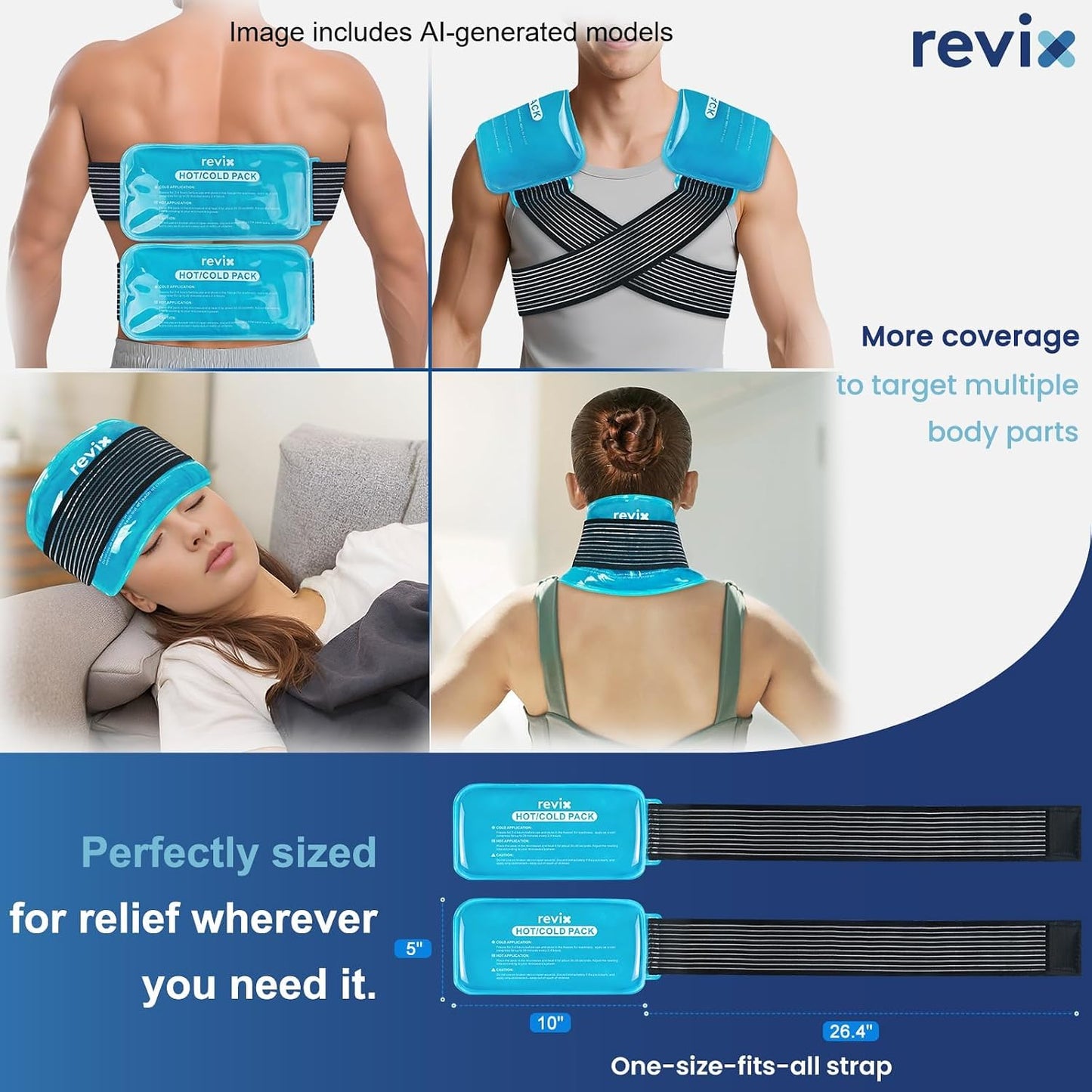 REVIX Ice Packs for Injuries Reusable, 2 Packs Hot & Cold Gel Ice Packs with PVC Cooling Design & Adjustable Strap, Flexible Therapy on Joints, Muscles, Shoulder, Back and Knee (10" x 5" Blue)