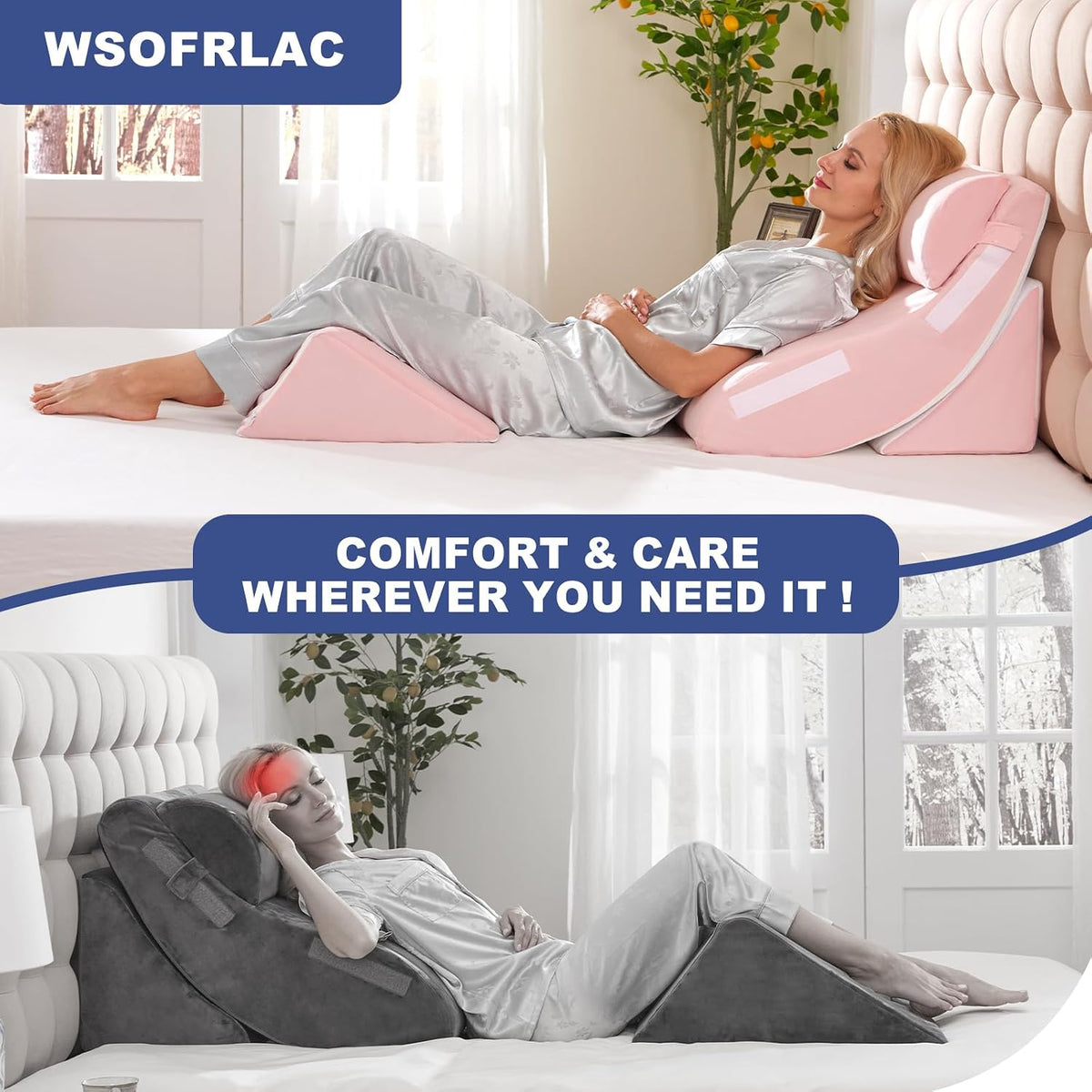 4PCS Orthopedic Bed Wedge Pillow Set for Sleeping, Post Surgery Foam Support Pillows for Back, Neck and Leg Pain Relief, Adjustable Triangle Pillow – Acid Reflux, GERD & Snoring Recovery, White Grey